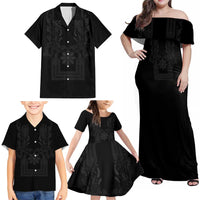 Philippines Barong Style Family Matching Off Shoulder Maxi Dress and Hawaiian Shirt with Polynesian Art and Leaf Motif Black Color LT03 - Polynesian Pride