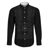 Philippines Barong Style Family Matching Off Shoulder Maxi Dress and Hawaiian Shirt with Polynesian Art and Leaf Motif Black Color LT03 Dad's Shirt - Long Sleeve Black - Polynesian Pride