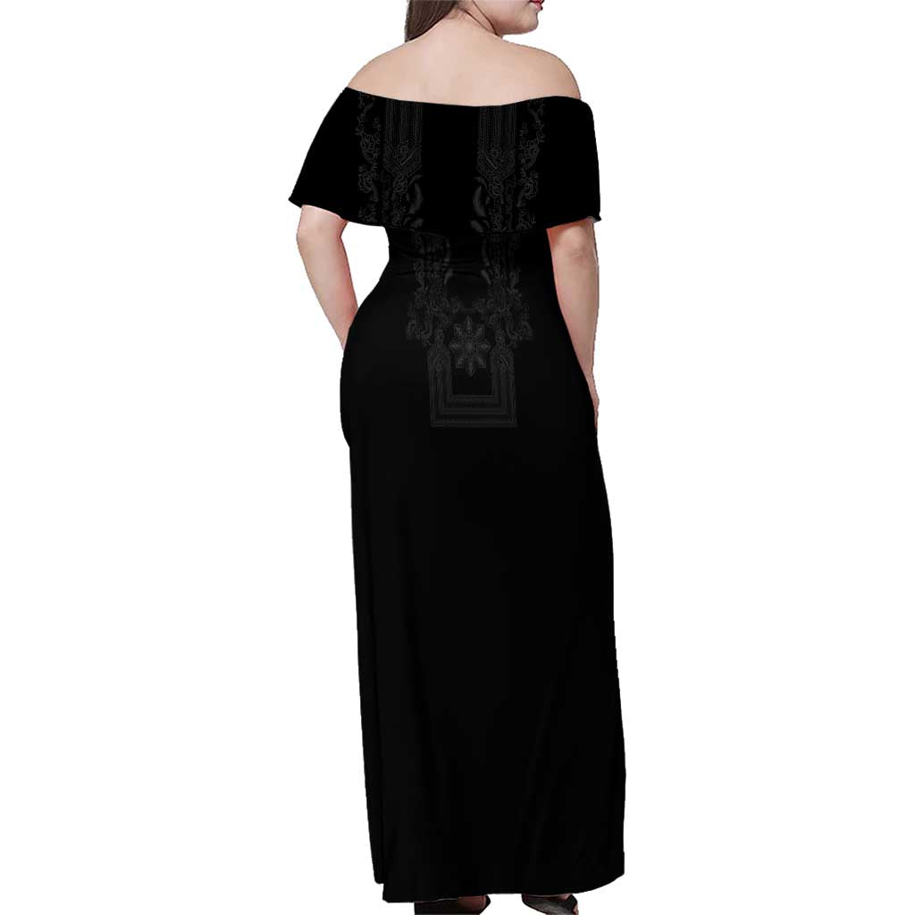 Philippines Barong Style Family Matching Off Shoulder Maxi Dress and Hawaiian Shirt with Polynesian Art and Leaf Motif Black Color LT03 - Polynesian Pride