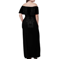 Philippines Barong Style Family Matching Off Shoulder Maxi Dress and Hawaiian Shirt with Polynesian Art and Leaf Motif Black Color LT03 - Polynesian Pride