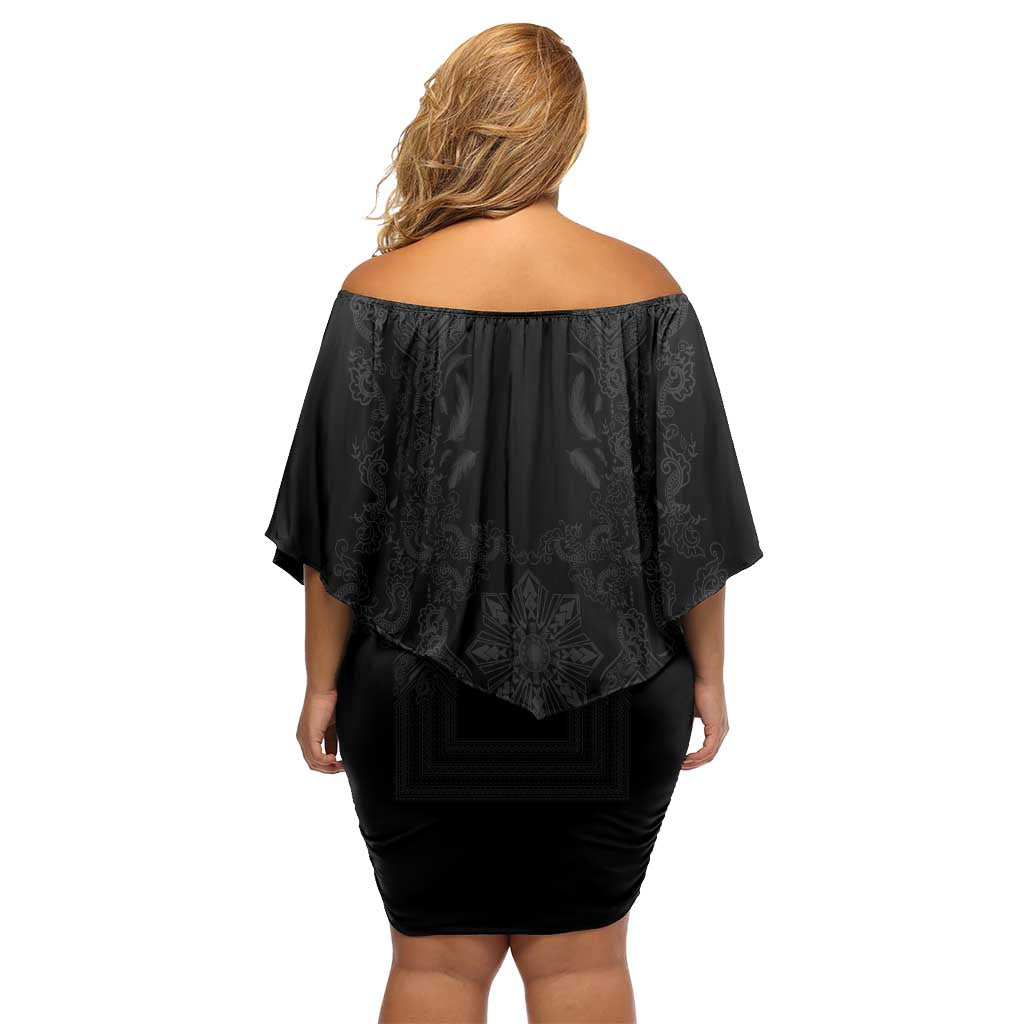 Philippines Barong Style Family Matching Off Shoulder Short Dress and Hawaiian Shirt with Polynesian Art and Leaf Motif Black Color LT03 - Polynesian Pride