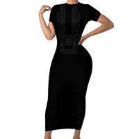 Philippines Barong Style Family Matching Short Sleeve Bodycon Dress and Hawaiian Shirt with Polynesian Art and Leaf Motif Black Color LT03 Mom's Dress Black - Polynesian Pride