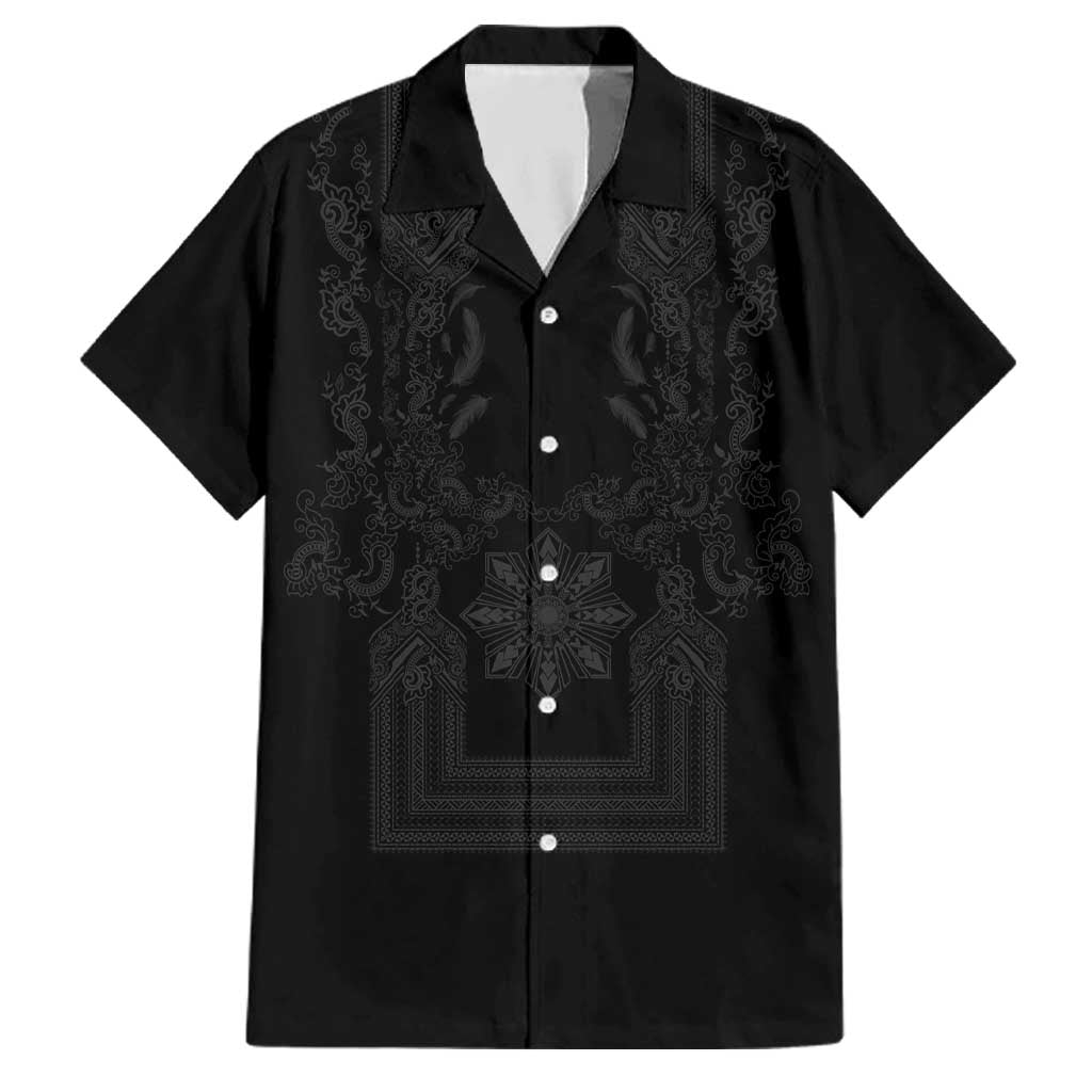 Philippines Barong Style Family Matching Summer Maxi Dress and Hawaiian Shirt with Polynesian Art and Leaf Motif Black Color LT03 Dad's Shirt - Short Sleeve Black - Polynesian Pride