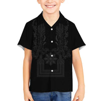Philippines Barong Style Family Matching Tank Maxi Dress and Hawaiian Shirt with Polynesian Art and Leaf Motif Black Color LT03 Son's Shirt Black - Polynesian Pride