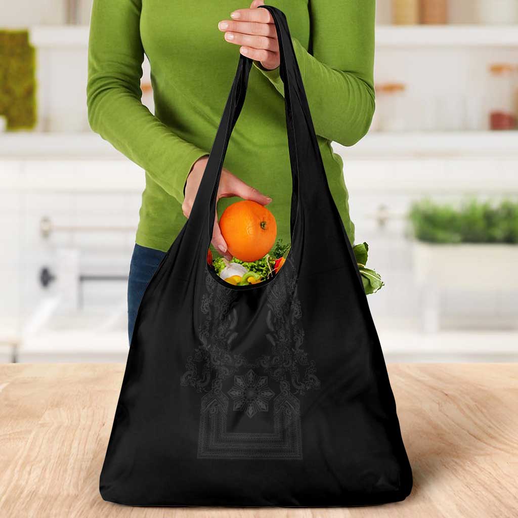 Philippines Barong Style Grocery Bag with Polynesian Art and Leaf Motif Black Color