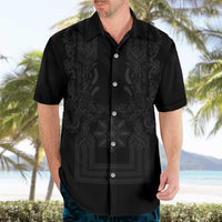 Philippines Barong Style Hawaiian Shirt with Polynesian Art and Leaf Motif Black Color