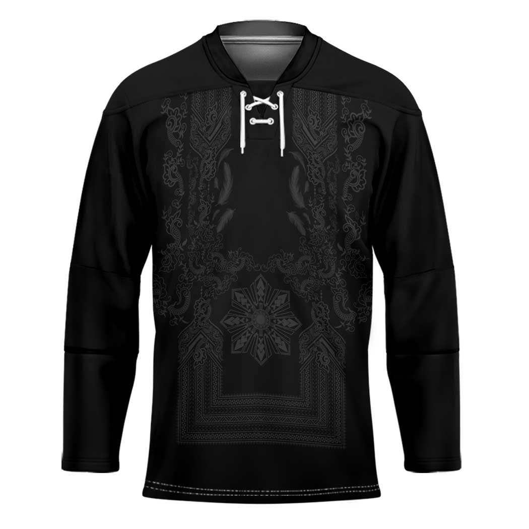 Philippines Barong Style Hockey Jersey with Polynesian Art and Leaf Motif Black Color