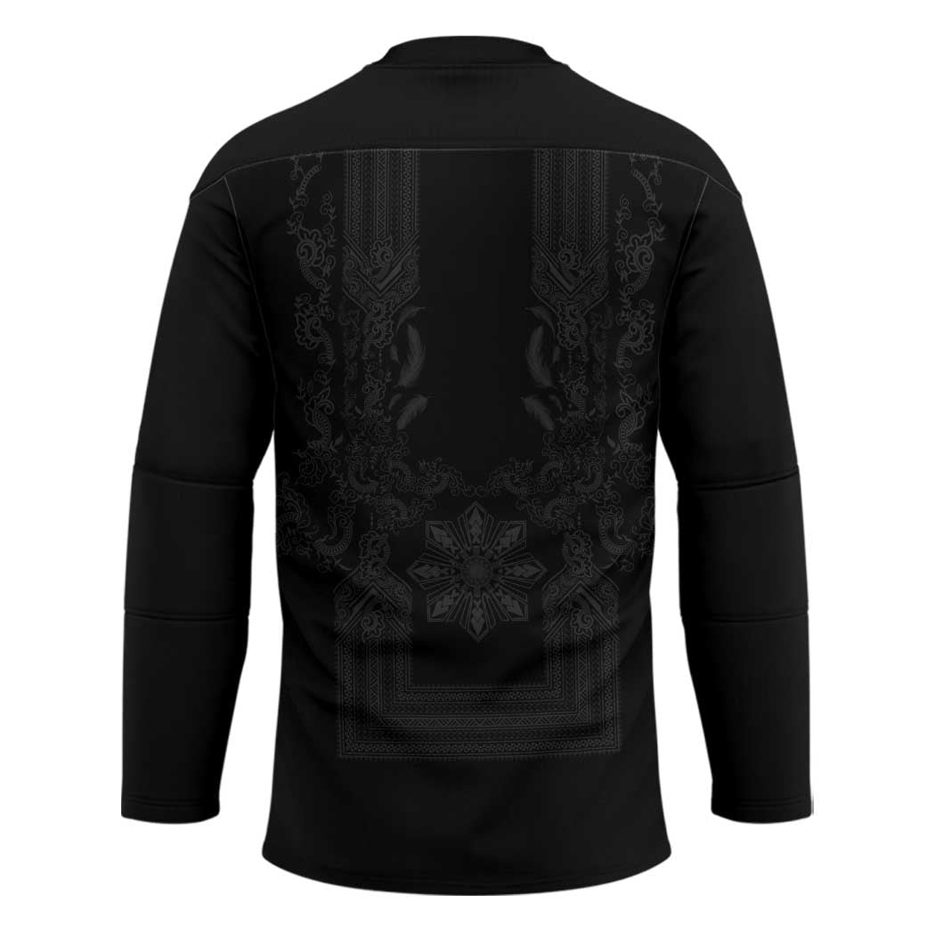 Philippines Barong Style Hockey Jersey with Polynesian Art and Leaf Motif Black Color