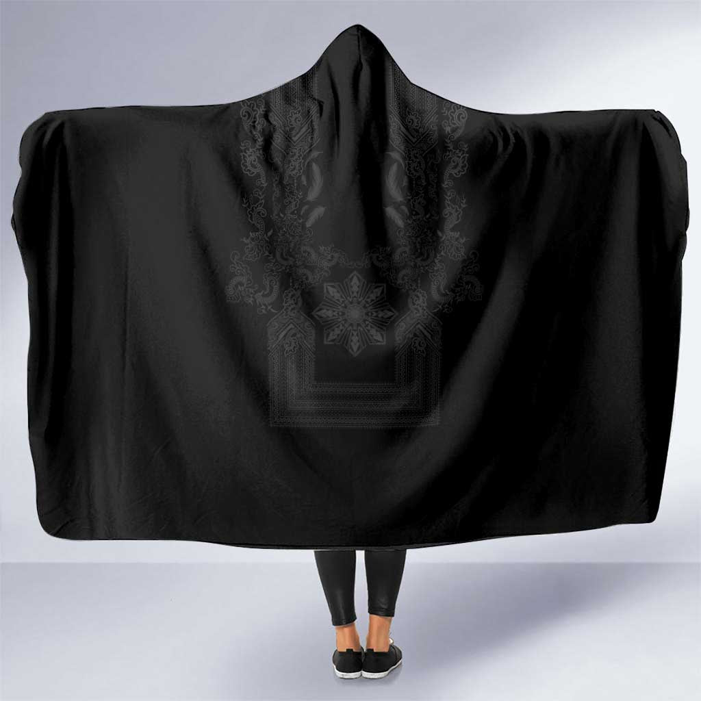 Philippines Barong Style Hooded Blanket with Polynesian Art and Leaf Motif Black Color