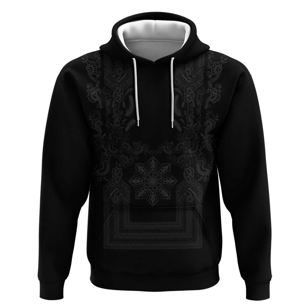 Philippines Barong Style Hoodie with Polynesian Art and Leaf Motif Black Color