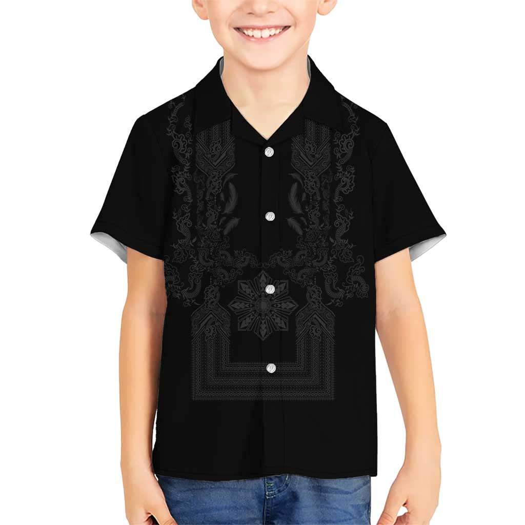 Philippines Barong Style Kid Hawaiian Shirt with Polynesian Art and Leaf Motif Black Color