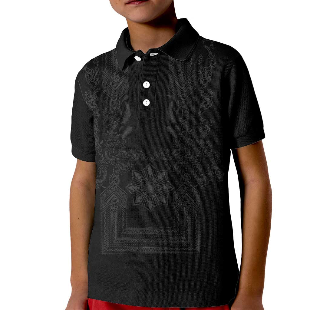 Philippines Barong Style Kid Polo Shirt with Polynesian Art and Leaf Motif Black Color