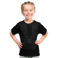 Philippines Barong Style Kid T Shirt with Polynesian Art and Leaf Motif Black Color