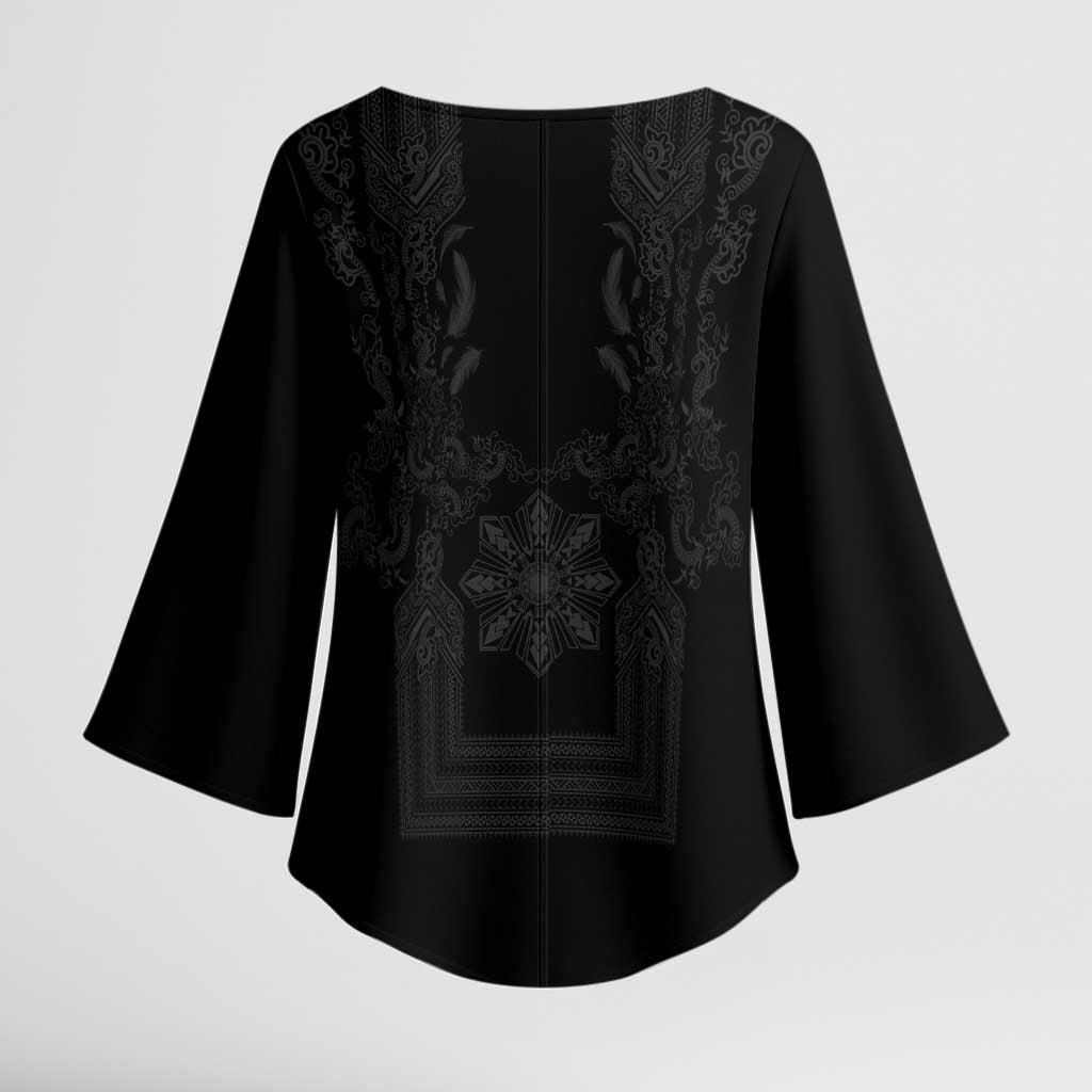 Philippines Barong Style Kimono Sleeve Blouse with Polynesian Art and Leaf Motif Black Color