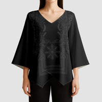 Philippines Barong Style Kimono Sleeve Blouse with Polynesian Art and Leaf Motif Black Color