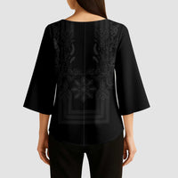 Philippines Barong Style Kimono Sleeve Blouse with Polynesian Art and Leaf Motif Black Color