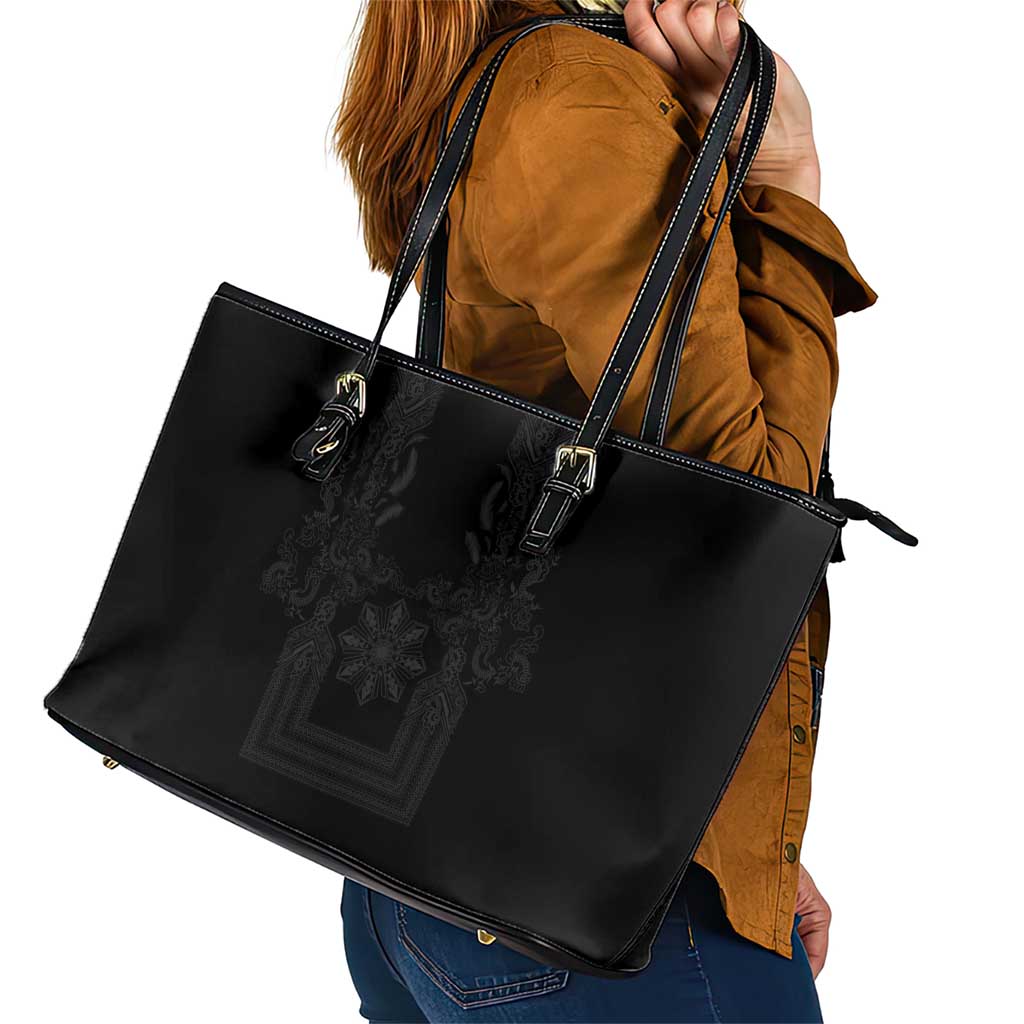 Philippines Barong Style Leather Tote Bag with Polynesian Art and Leaf Motif Black Color
