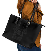 Philippines Barong Style Leather Tote Bag with Polynesian Art and Leaf Motif Black Color
