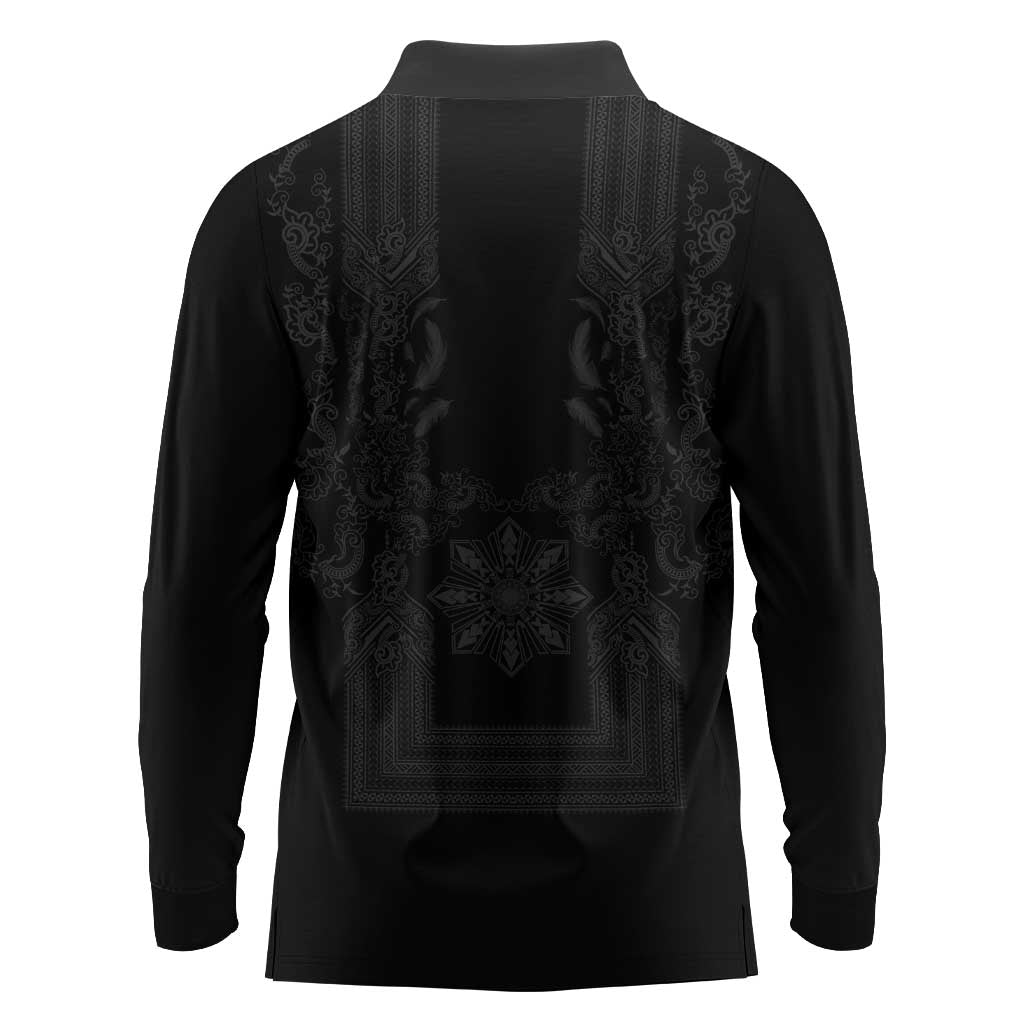 Philippines Barong Style Long Sleeve Polo Shirt with Polynesian Art and Leaf Motif Black Color