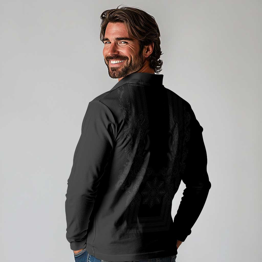 Philippines Barong Style Long Sleeve Polo Shirt with Polynesian Art and Leaf Motif Black Color