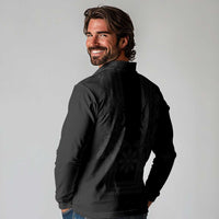 Philippines Barong Style Long Sleeve Polo Shirt with Polynesian Art and Leaf Motif Black Color