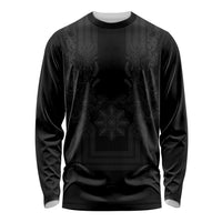 Philippines Barong Style Long Sleeve Shirt with Polynesian Art and Leaf Motif Black Color