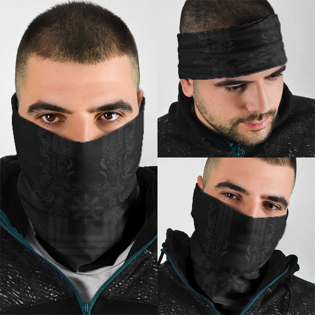 Philippines Barong Style Neck Gaiter with Polynesian Art and Leaf Motif Black Color