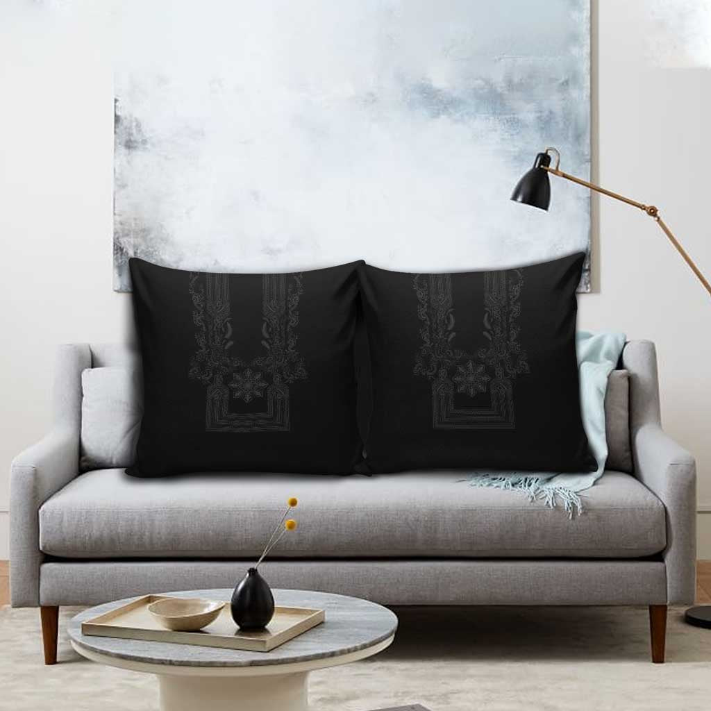 Philippines Barong Style Pillow Cover with Polynesian Art and Leaf Motif Black Color