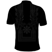 Philippines Barong Style Polo Shirt with Polynesian Art and Leaf Motif Black Color