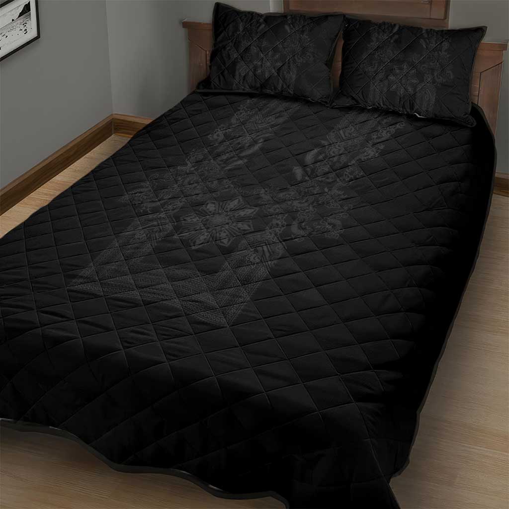 Philippines Barong Style Quilt Bed Set with Polynesian Art and Leaf Motif Black Color