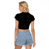 Philippines Barong Style Raglan Cropped T Shirt with Polynesian Art and Leaf Motif Black Color