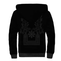 Philippines Barong Style Sherpa Hoodie with Polynesian Art and Leaf Motif Black Color
