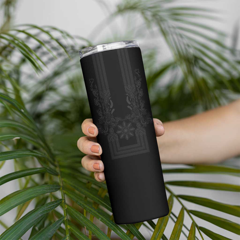 Philippines Barong Style Skinny Tumbler with Polynesian Art and Leaf Motif Black Color
