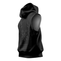 Philippines Barong Style Sleeveless Hoodie with Polynesian Art and Leaf Motif Black Color