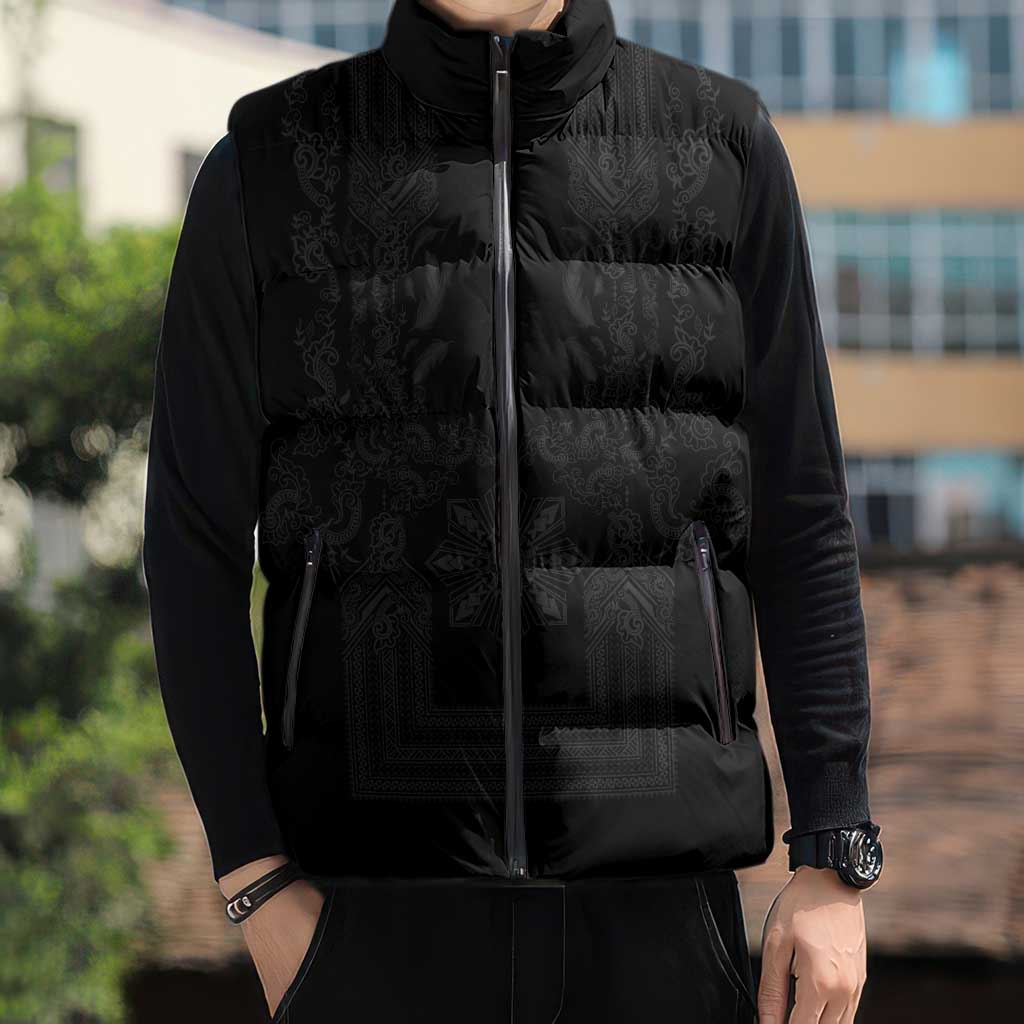 Philippines Barong Style Sleeveless Puffer Jacket with Polynesian Art and Leaf Motif Black Color