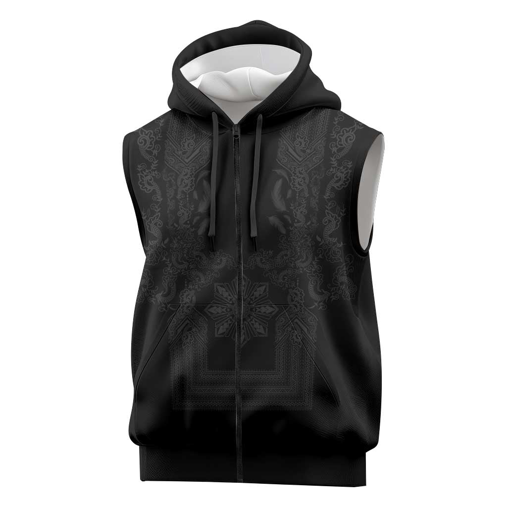 Philippines Barong Style Sleeveless Zip Hoodie with Polynesian Art and Leaf Motif Black Color