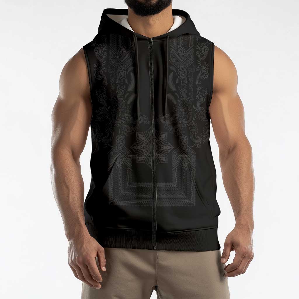 Philippines Barong Style Sleeveless Zip Hoodie with Polynesian Art and Leaf Motif Black Color