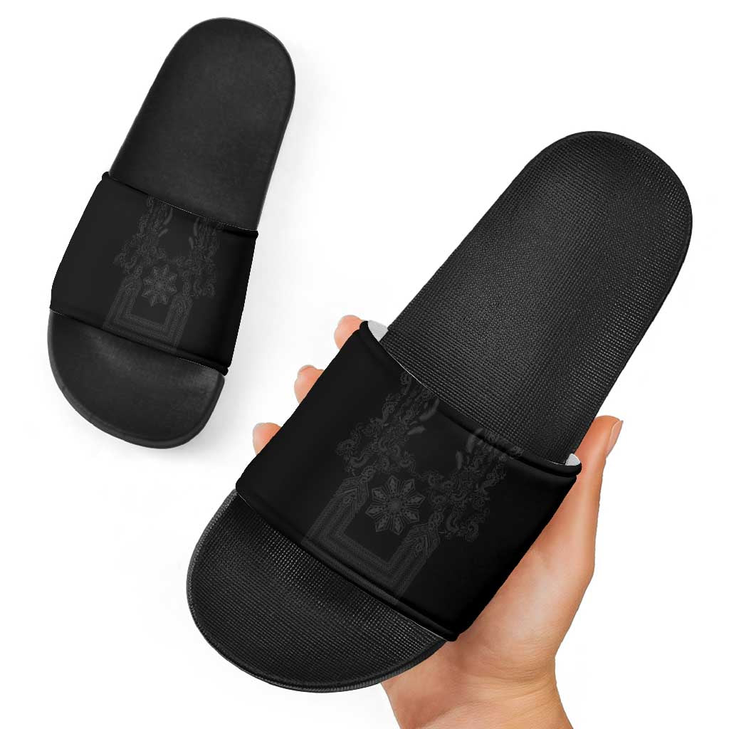 Philippines Barong Style Slide Sandals with Polynesian Art and Leaf Motif Black Color