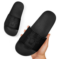 Philippines Barong Style Slide Sandals with Polynesian Art and Leaf Motif Black Color