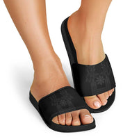 Philippines Barong Style Slide Sandals with Polynesian Art and Leaf Motif Black Color