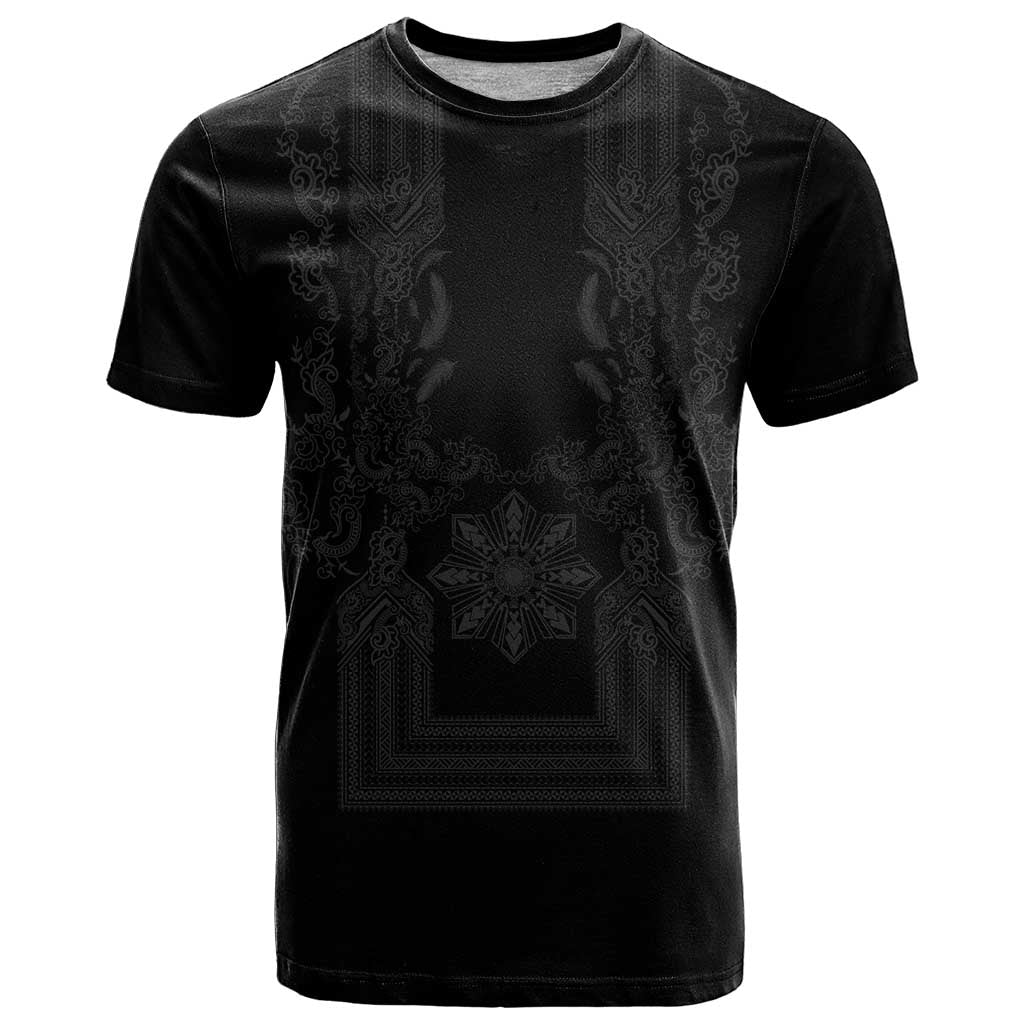 Philippines Barong Style T Shirt with Polynesian Art and Leaf Motif Black Color
