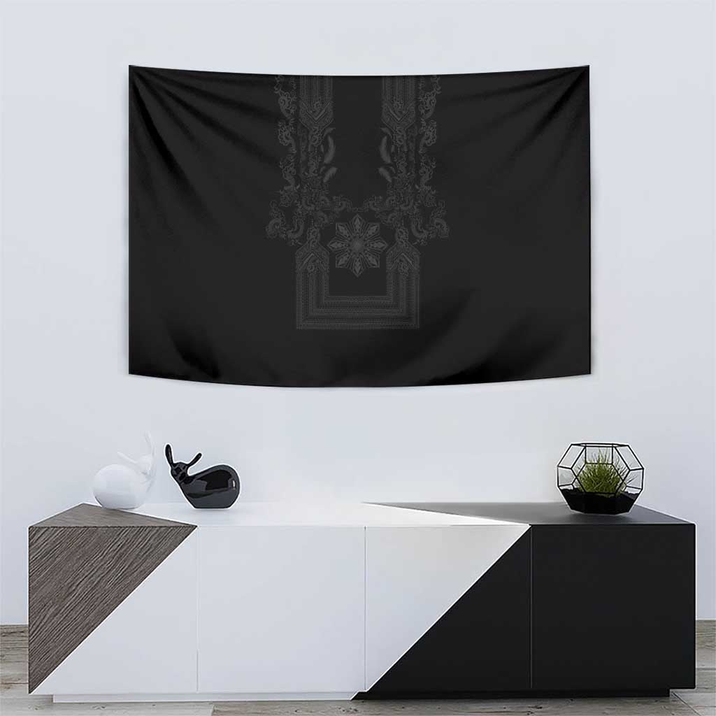 Philippines Barong Style Tapestry with Polynesian Art and Leaf Motif Black Color