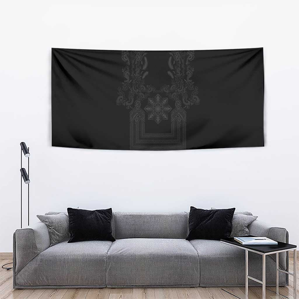 Philippines Barong Style Tapestry with Polynesian Art and Leaf Motif Black Color