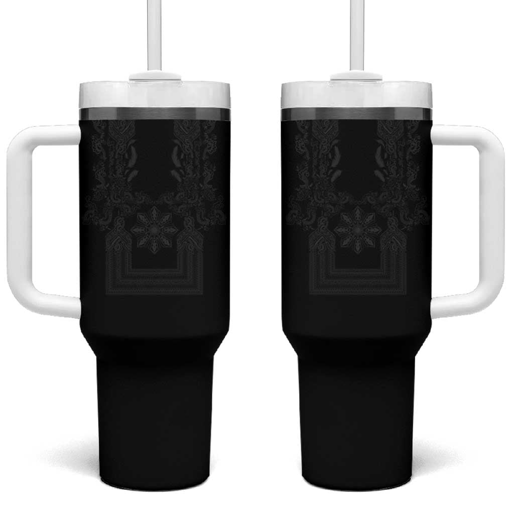 Philippines Barong Style Tumbler With Handle with Polynesian Art and Leaf Motif Black Color