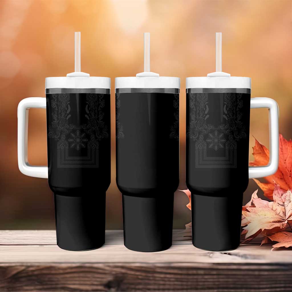 Philippines Barong Style Tumbler With Handle with Polynesian Art and Leaf Motif Black Color