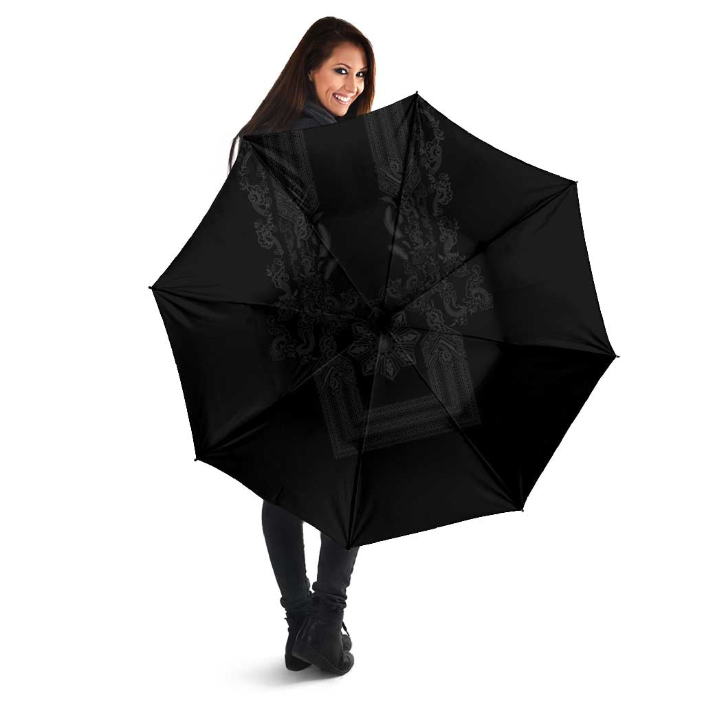 Philippines Barong Style Umbrella with Polynesian Art and Leaf Motif Black Color