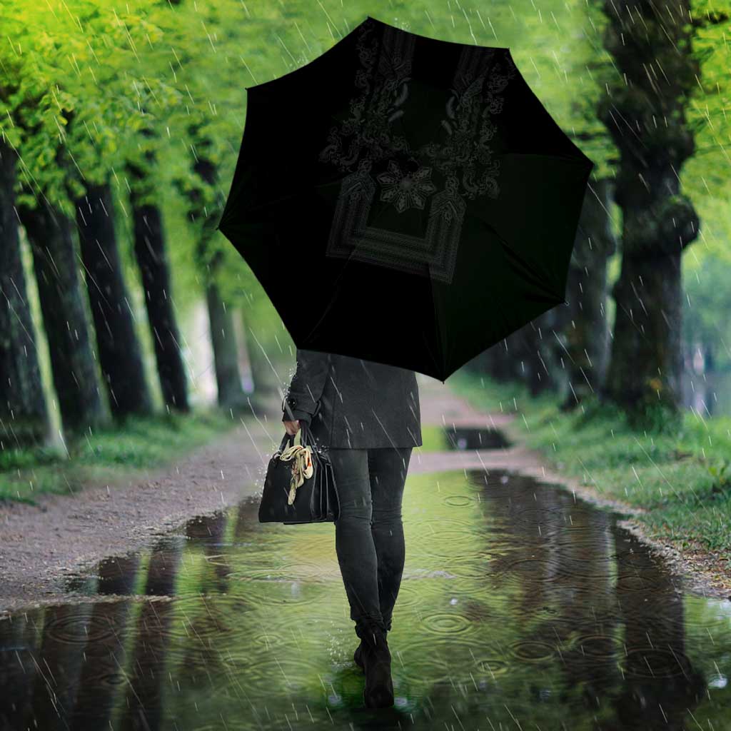 Philippines Barong Style Umbrella with Polynesian Art and Leaf Motif Black Color