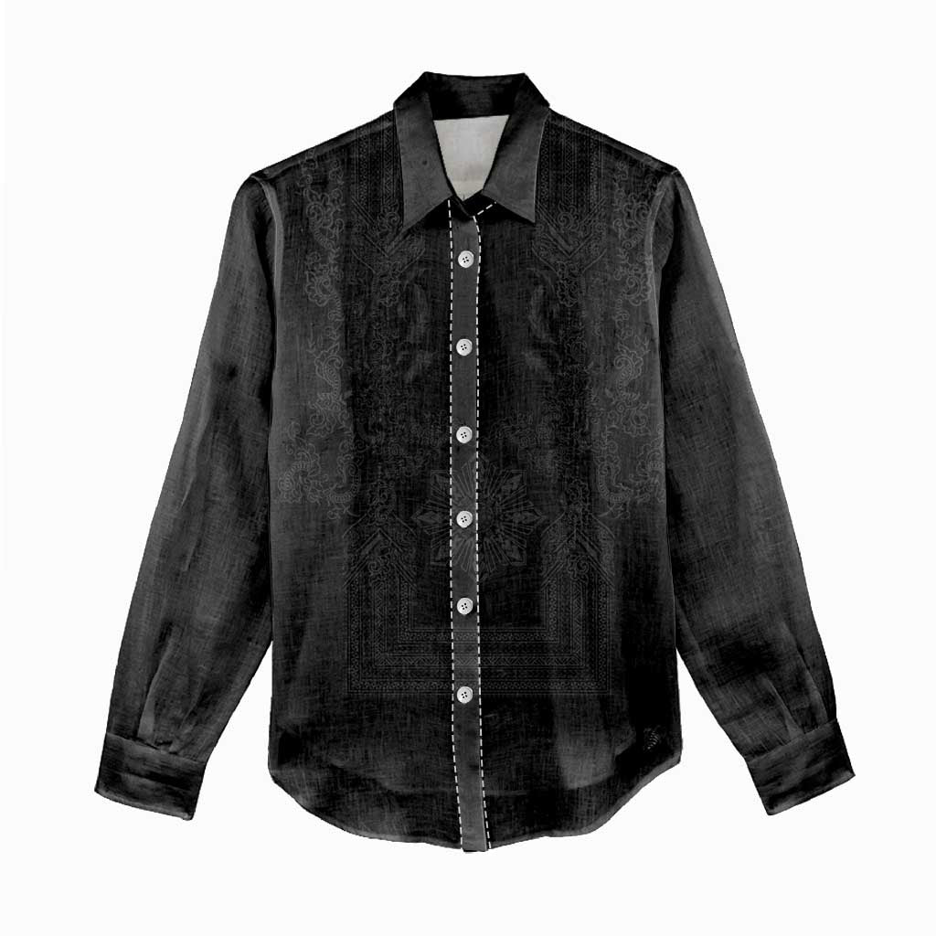 Philippines Barong Style Women Casual Shirt with Polynesian Art and Leaf Motif Black Color