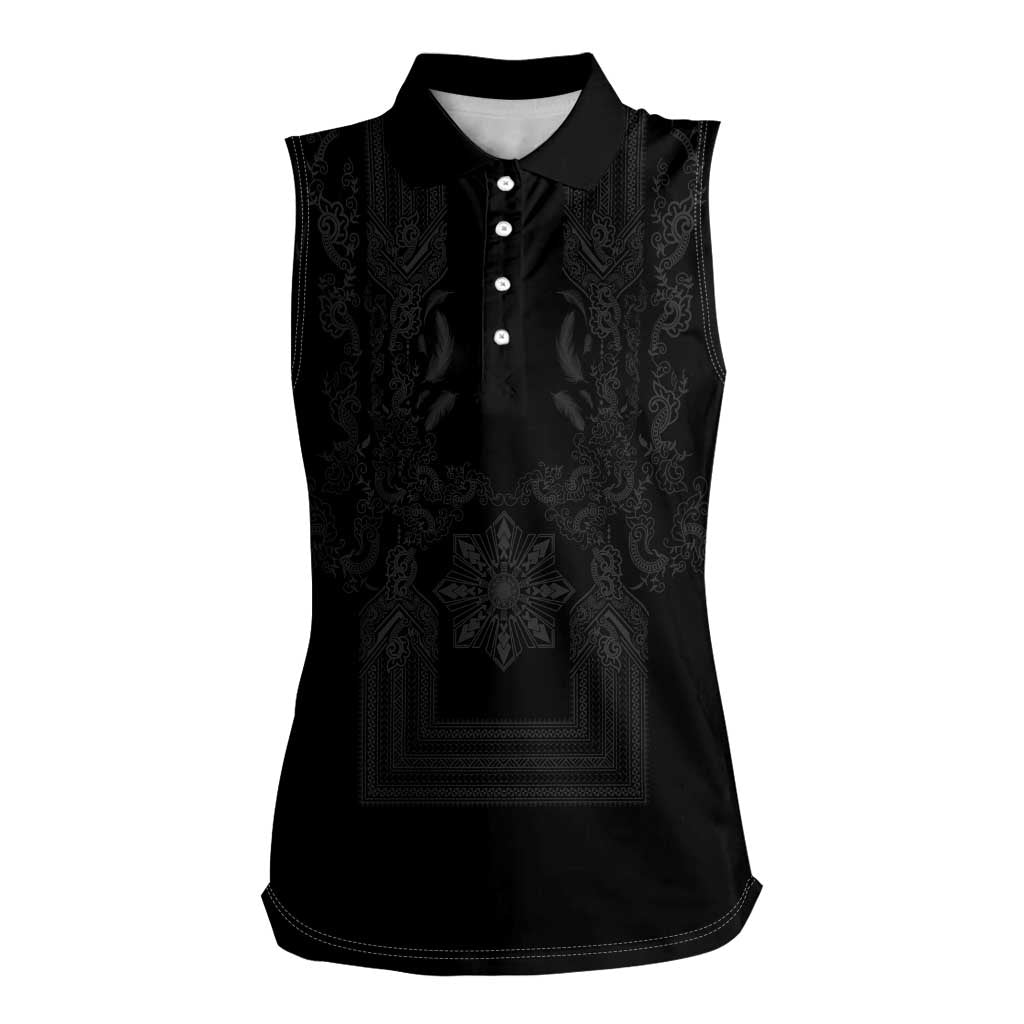 Philippines Barong Style Women Sleeveless Polo Shirt with Polynesian Art and Leaf Motif Black Color LT03 Female Black - Polynesian Pride