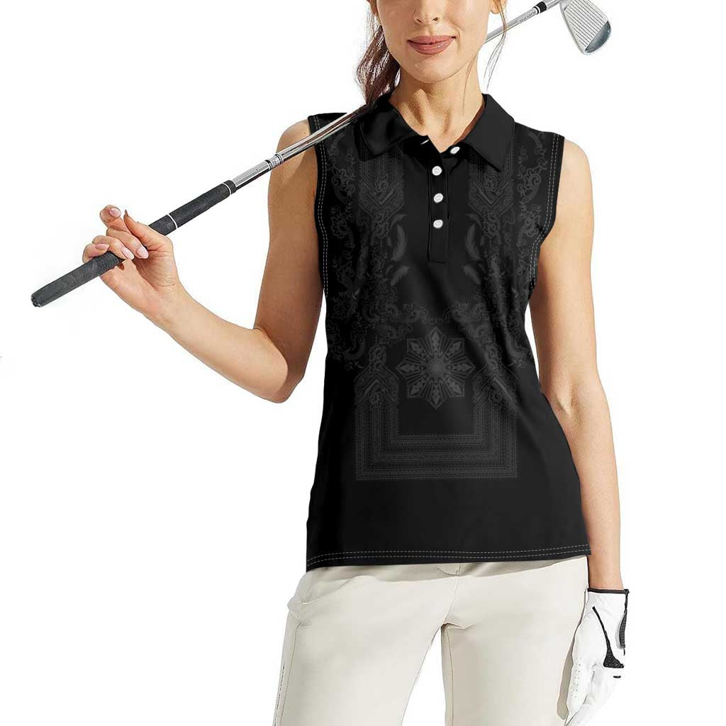 Philippines Barong Style Women Sleeveless Polo Shirt with Polynesian Art and Leaf Motif Black Color LT03 - Polynesian Pride